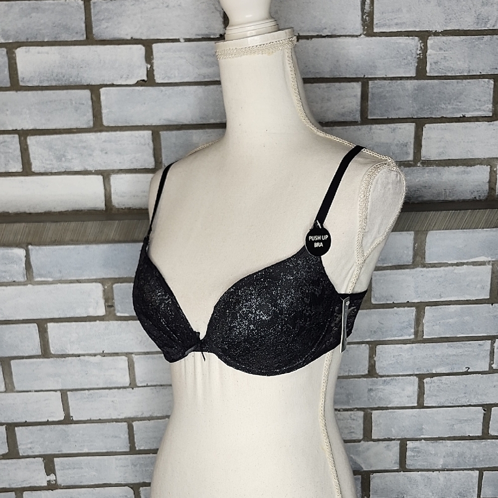 NWT Tart Elegant Black & Silver Floral Lace Push Up Underwire Bra Size 34D